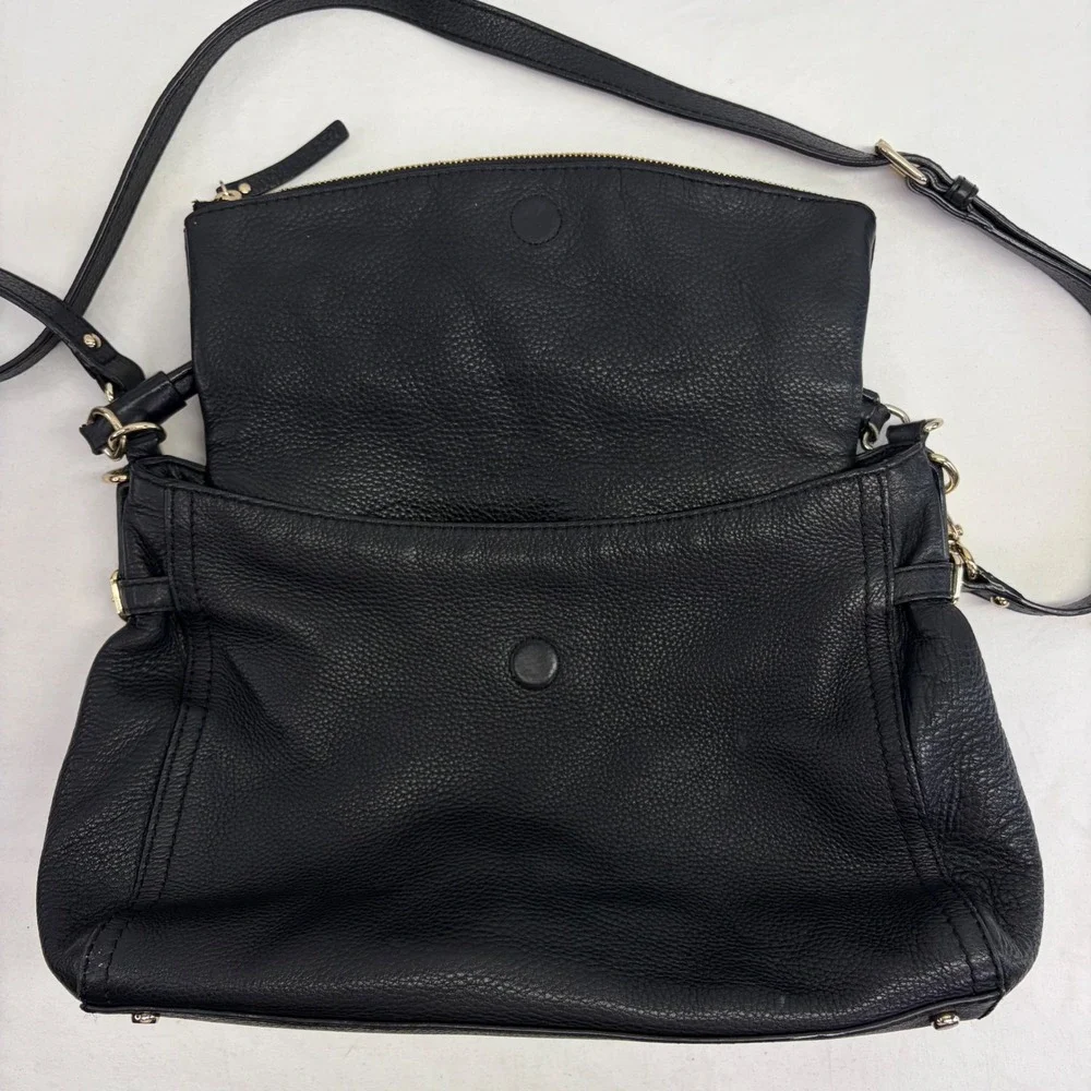 Kate Spade Crossbody Bag Medium Black Pebbled Leather Foldover Satchel Slouchy